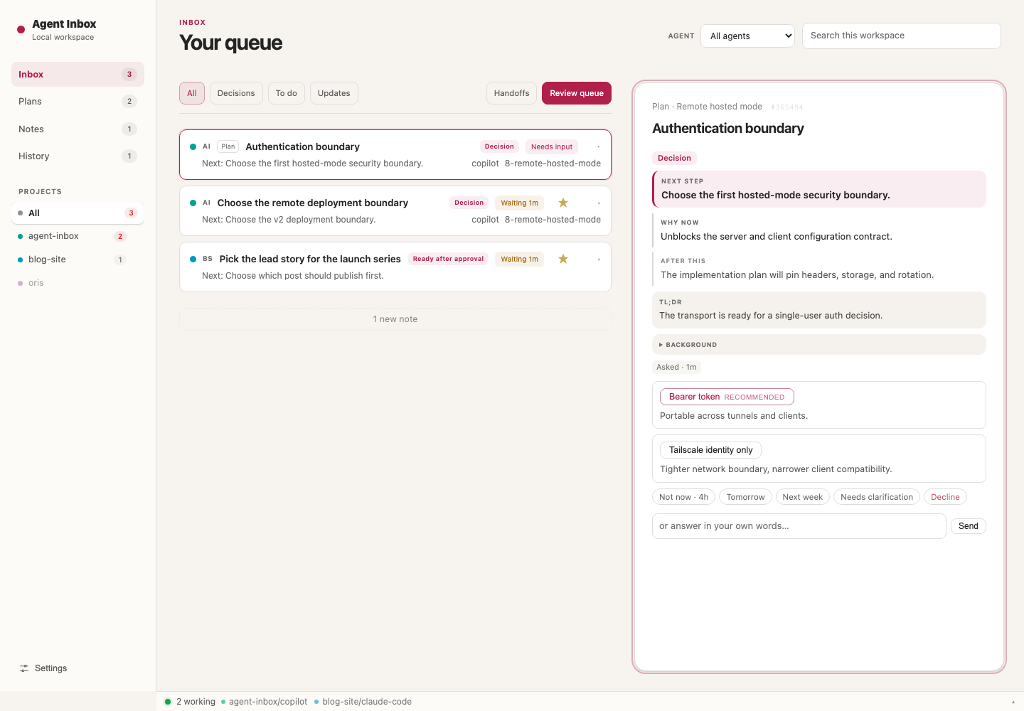 Agent Inbox desktop queue with cross-project decisions and an expanded response panel