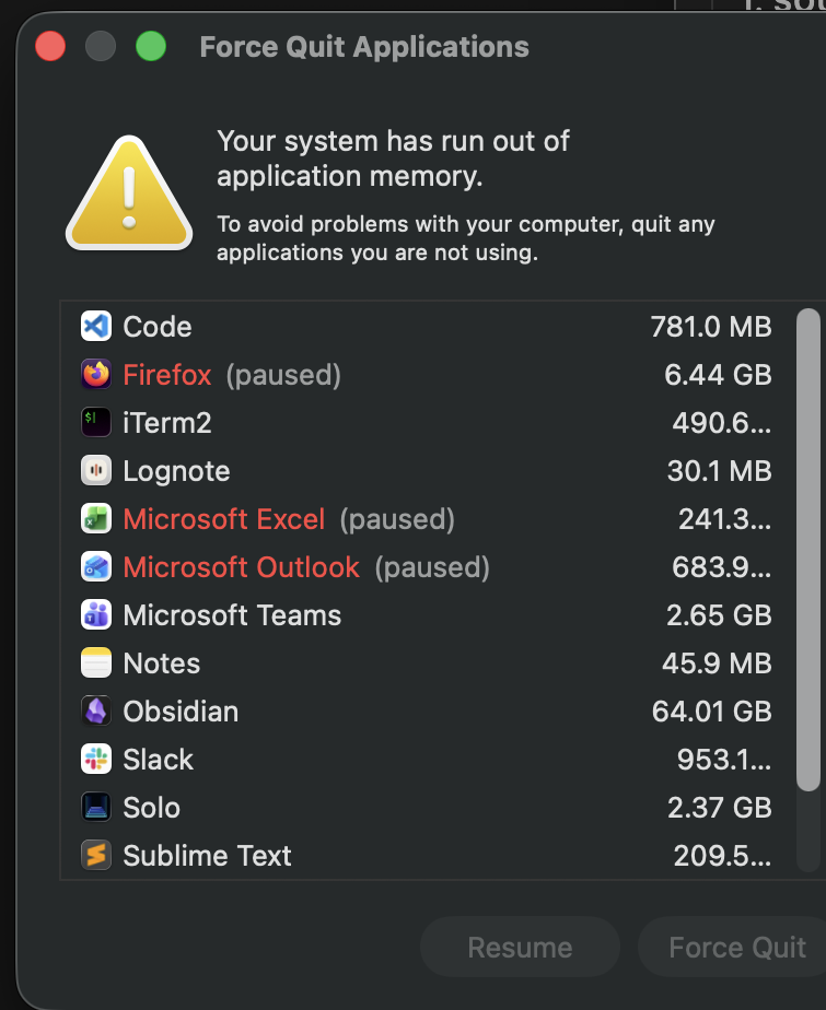 macOS 'out of application memory' Force Quit dialog listing running apps by memory, with Obsidian at 64.01 GB